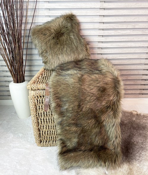 Luxury brown and black fur blanket with matching cushion