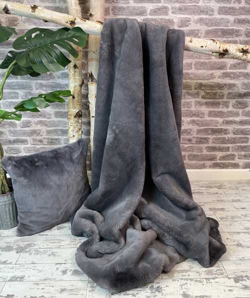 Luxury plain grey faux fur throw and matching cushion