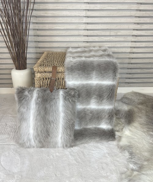 Taupe and white striped faux fur blanket