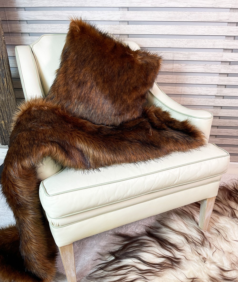 Long haired brown faux fur throw and cushion