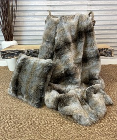 Economy grey and brown striped faux fur throw and cushion.