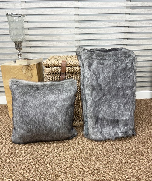 Luxury grey fur blanket and cushion