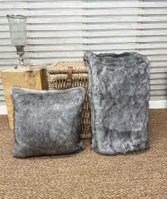 Luxury grey fur blanket and cushion