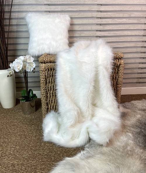 Luxury pale cream fur throw with matching cushion