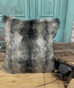 Striped grey and black faux fur cushion