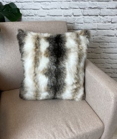 Brown and cream striped faux fur cushion