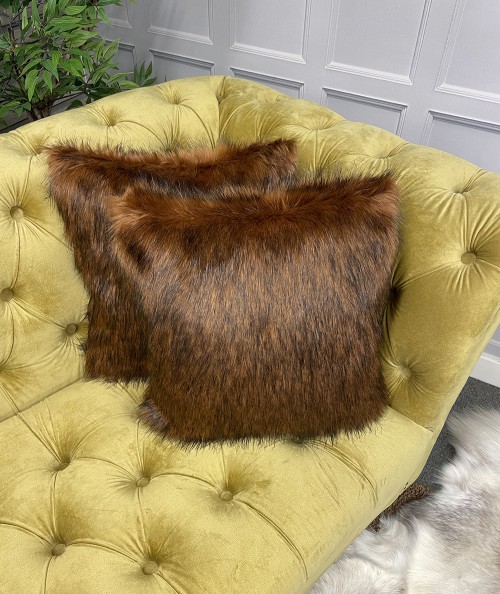 Two tone brown faux fur cushions