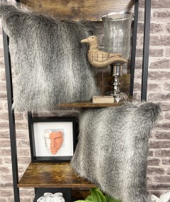 Grey striped faux fur cushions