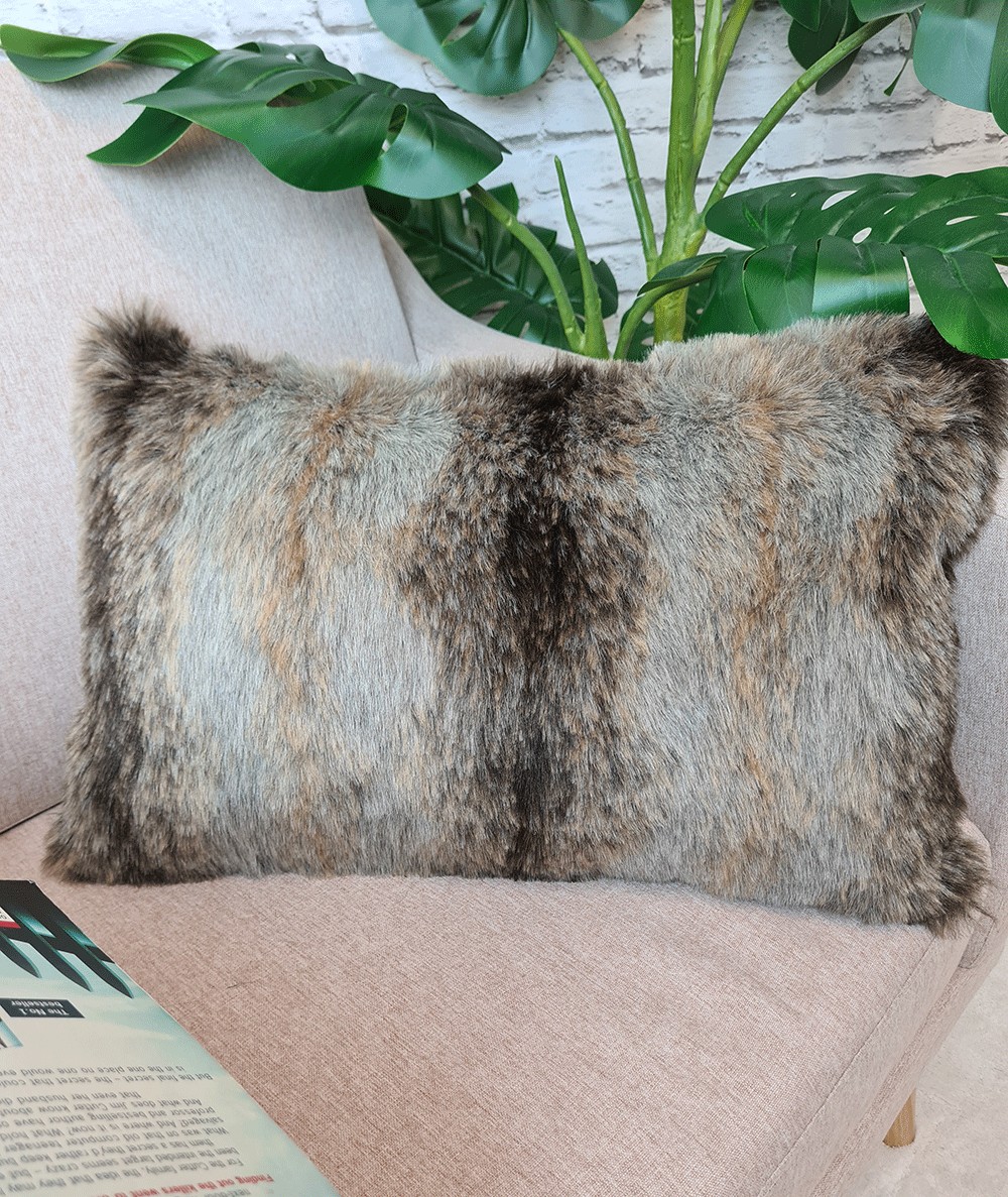 Grey Wolf Rectangular Fur Cushion