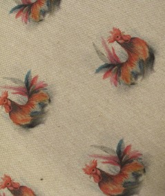 Close up image of the small roosters fabric used on the seat pads