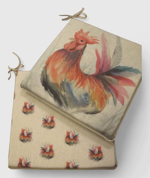 Large rooster print reversible seat pads with small roosters or plain fabric on the reverse, square shaped