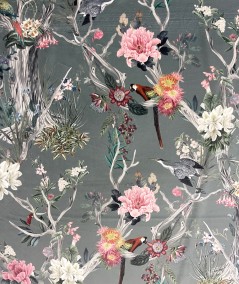 Close up image of the Chinoiserie Oriental printed velvet fabric