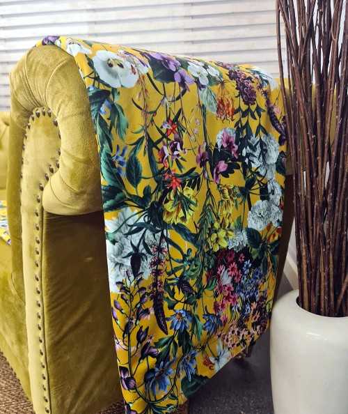 Yellow floral printed luxury velvet sofa throw