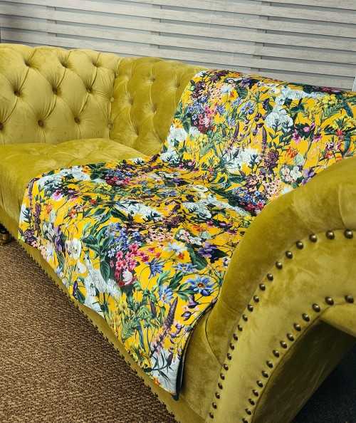 Yellow floral printed luxury velvet bedspread