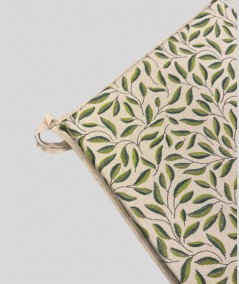 Tapered natural linen seat pads with a green leaves design