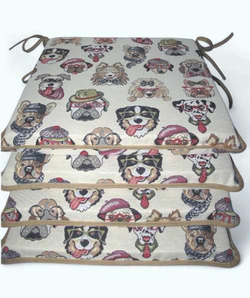 Square tapestry seat pads with a comical multi-coloured dog design