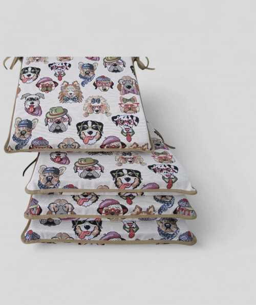 Square tapestry chair pads with a comical multi-coloured dog design