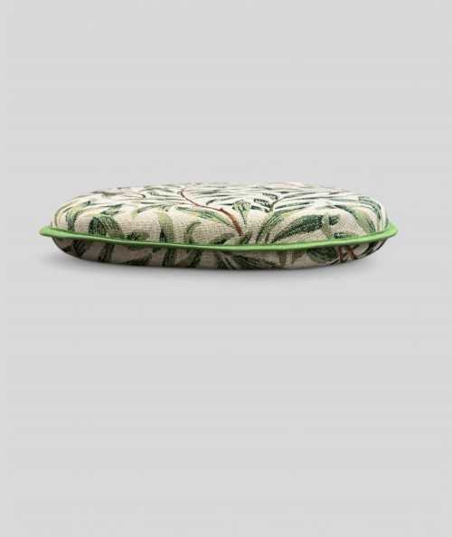 Thick spindle chair pads in a green patterned heavy duty woven fabric