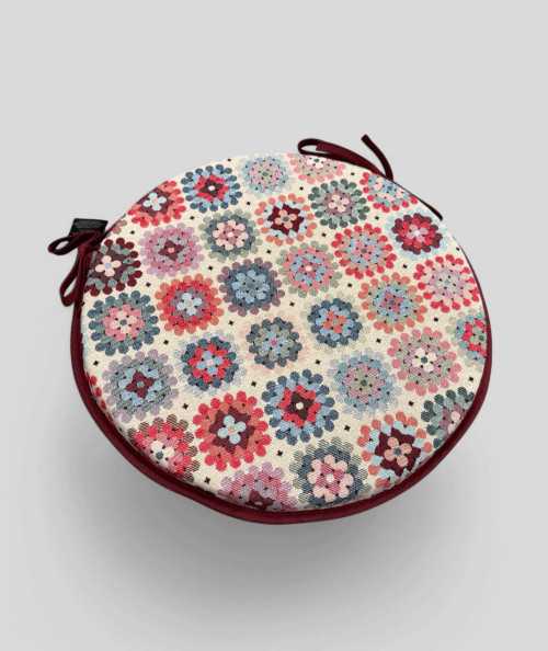 Hardwearing extra thick round seat pads in a multi-coloured crochet style pattern